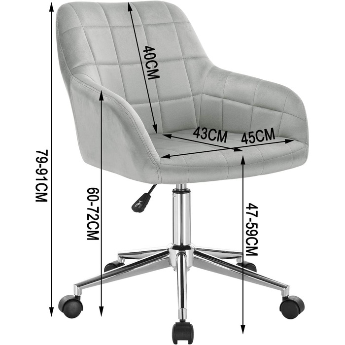 Офісний стілець WOLTU BS79dgr робочий стілець робочий стілець стілець обертовий стілець крісло-коляска офісне крісло з безступінчатим регулюванням по висоті зі спинкою і підлокітниками (світло-сірий, оксамитовий)