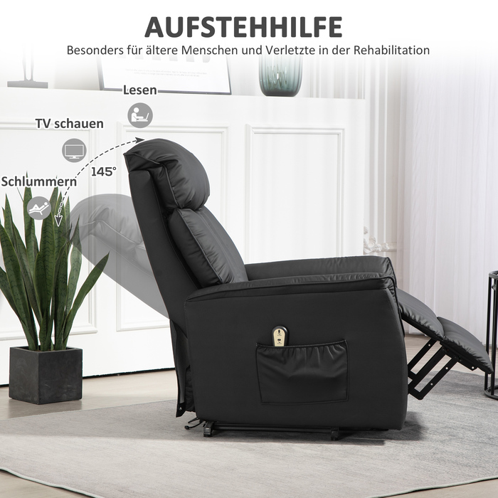 Електричне телевізійне крісло HOMCOM Recliner з допоміжним засобом для сидіння, функцією відкидання, масажне крісло з підніжкою, бічною кишенею, пультом дистанційного керування, для вітальні, до 150 кг, штучна шкіра, чорний | Аосом