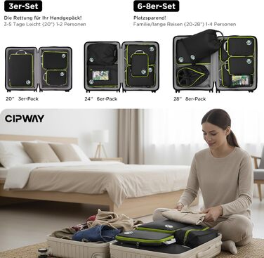 Набір компресійних органайзерів для одягу в подорож Cipway, ультралегкі пакувальні куби для валізи та рюкзака, 8 предметів, чорний