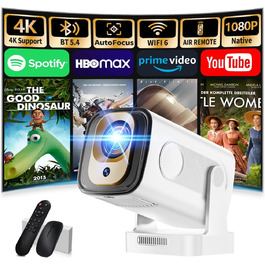 Портативний проєктор Mini Beamer 4K Full HD 1080P з Wi-Fi 6 та Bluetooth 5.2 (270° оберт, автоматична корекція трапеції, HDMI, USB, для ноутбука, білий) NT10-White