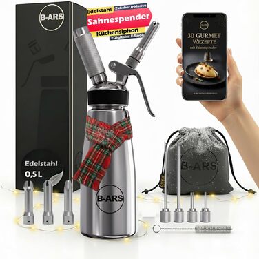 Дозатор для вершків B-ARS з нержавіючої сталі 0,5L з аксесуарами: насадки для декорування, голка для інжекцій, щітка для чищення, сумка для зберігання та електронна книга з рецептами