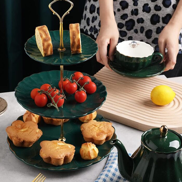 Стійка для тістечок Sweejar Home з кераміки, 3 яруси, для весілля, десертів, тістечок, чаювання, сервірування їжі (Смарагдовий)