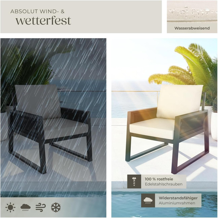 Набір садово-розкладних меблів tectake® Rope Design: 2 крісла, диван, стіл, подушки, для саду/балкону, 4 посадочні місця, вологостійкий, стиль 3