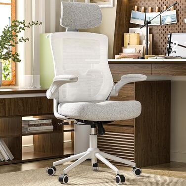 Ергономічне крісло для офісу з регульованою підголівником та поперековою підтримкою – високе офісне крісло з сітчастою спинкою та м'яким сидінням, вішалка для одягу та функцією блокування (білий та сірий)