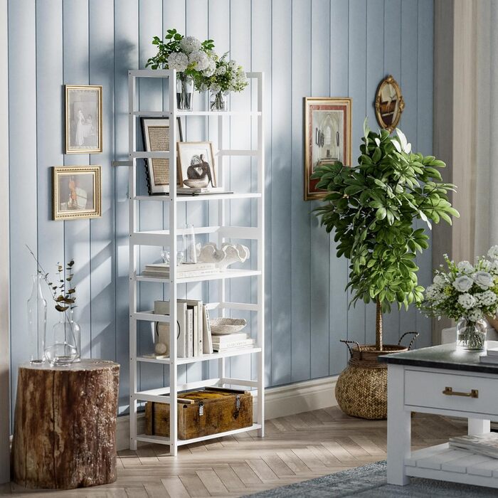 5-ярусна полиця для книг, індустріальна полиця з бамбуковим каркасом, сучасна полиця-вітрина, органайзер для зберігання з дерева для вітальні, домашнього офісу, рустичний колір (білий)