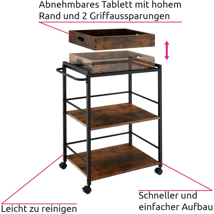 Візок для сервірування Tectake, 65x41.5x87 см, знімний піднос, 2 дерев'яні полиці, індустріальний стиль, чорний метал