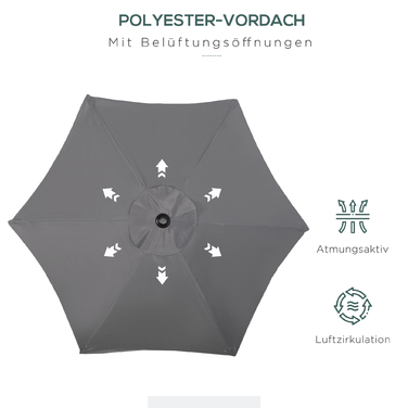 Outsunny Parasol Ø196 см, поворотна парасолька з функцією складання, шестикутна балконна парасолька пляжна парасолька вітрозахисна стабільна ринкова парасолька з колінчастою парасолькою для захисту від сонця для пляжу Балконний сад, темно-сірий