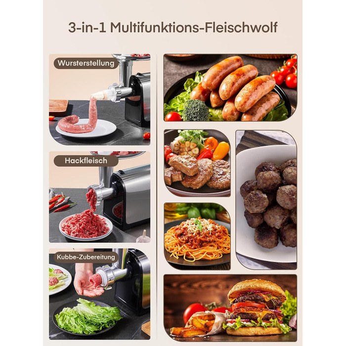 Електрична м'ясоподрібнювач Fleischwolf 3 в 1 з набором для ковбаси та 3-ма лезами з нержавіючої сталі