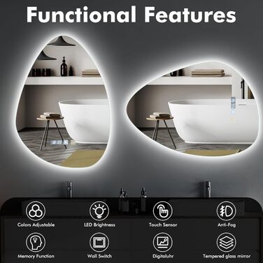 Круглий дзеркало для ванної кімнати з підсвічуванням, 60 см, антизапар, LED, Bluetooth, сенсорне управління, 3000K-4000K-6500K, регулювання яскравості, HD-загартоване скло, дзеркало для ванної кімнати з підсвічуванням (500x700 мм, краплеподібної форми)