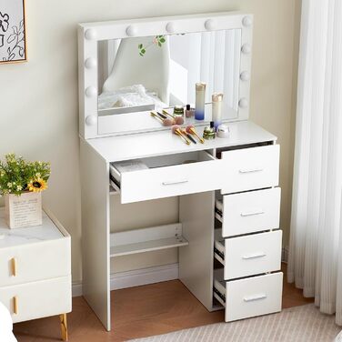 Туалетний столик зі світлом і дзеркалом, з пуфом, 6 ящиків та 6 поличок, 80x36x130 см (PE50)