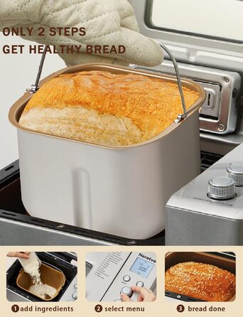 Хлібопічка Neretva з 17 програмами, об'ємом 2.2 кг, з дозатором горіхів та фруктів, керамічним антипригарним покриттям, для безглютенових продуктів, тіста, закваски та йогурту, срібна