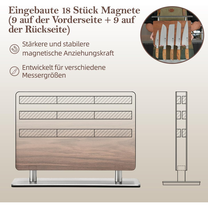 Блок для ножів XINZUO з волоського горіха, магнітний, двосторонній - тримач для ножів без ножів, для кухні, легко миється, з подарунковою коробкою