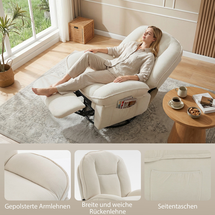 Крісло-гойдалка розкішне, поворотне, з глибокою посадкою та товстою спинкою, просте в збірці, кремового кольору