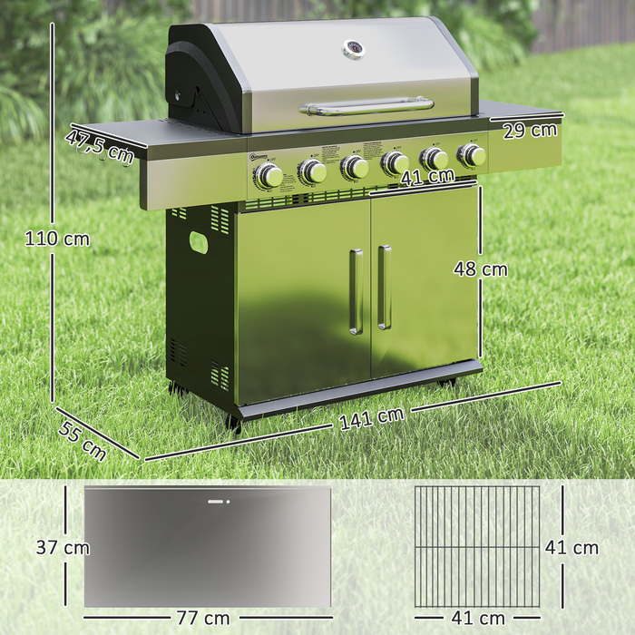 Газовий гриль Outsunny 8500BTU з візком, включаючи 6 нержавіючих пальника, роликів, термометра, редуктора тиску, газового шлангу, кришки та бічних полиць. Барбекю для балкона, кемпінгу, саду, розміром 141 x 55 x 110 см | Aosom