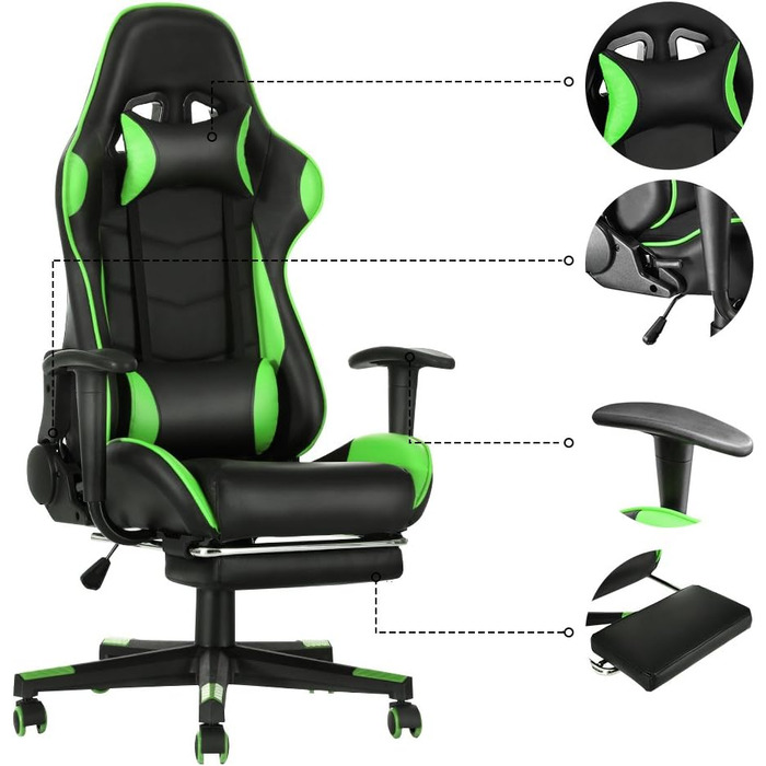 Ігрове крісло Panana Офісне крісло Гоночне крісло з високою спинкою, поворотне з підставкою для ніг і підголівником, вантажопідйомність 150 кг (зелений)