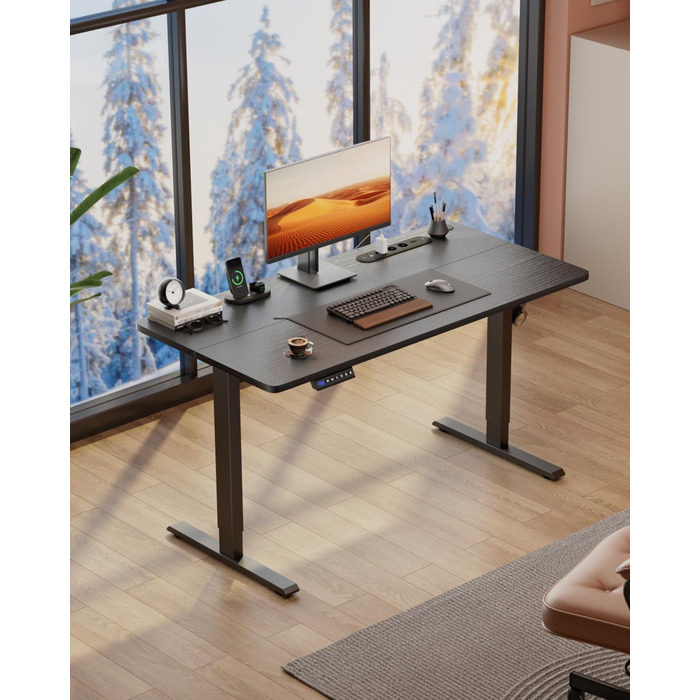 Регульований стіл з підняттям USB-портами та розеткою, 100 x 60 см. Електричний стіл, комп'ютерний стіл з пам'яттю 3-ох функцій, білий колір (чорний, 100 x 60 см)