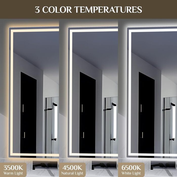 Дзеркало для ванної кімнати з підсвічуванням 80x60 см, LED дзеркало з 3 кольорами світла, регулюванням яскравості, захисне скло, сенсорне управління, функція пам'яті, запобігання запотіванню, для ванної кімнати