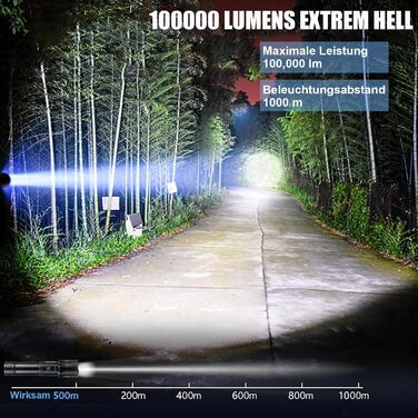 Ліхтар LED акумуляторний 100000 люмен, надзвичайно яскравий, масштабований, 7 режимів, водонепроникний для вулиці