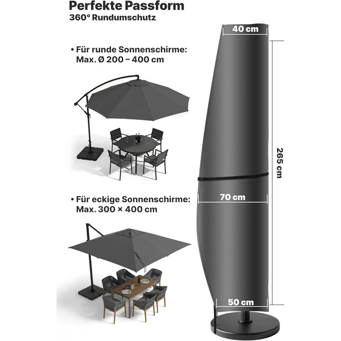 Чохол для парасольки Menz, 2-4 м, 420D Oxford, водонепроникний, UV-стійкий, вітростійкий, для саду (Антрацит, 265x40/70/50 см)