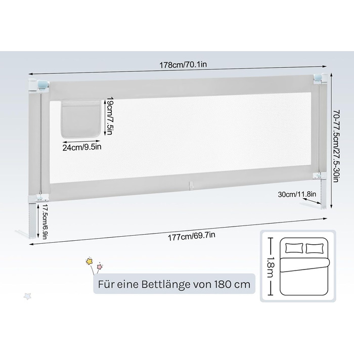 Бортик для ліжка WOLTU 150 см, захисний бортик для дітей та немовлят, висота регулюється 69-87 см, тканина Оксфорд, металевий каркас, світло-сірий