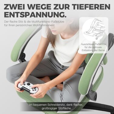 Ігровий крісло Dowinx з тканиною, гелевою подушкою та пружинним блоком, ергономічний офісний стілець з підніжкою, масажний ігровий крісло для дорослих (зелений)