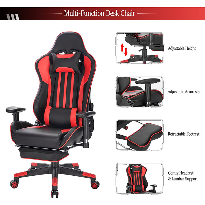 Ігрове крісло EUGAD з підставкою для ніг регульоване червоне