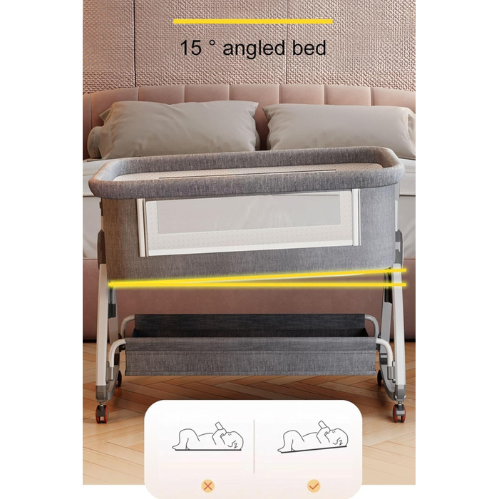 Дитяче ліжко-гойдалка GLOKID 3 в 1 з колесами, регулювання висоти та нахилу матрацу, сірий колір