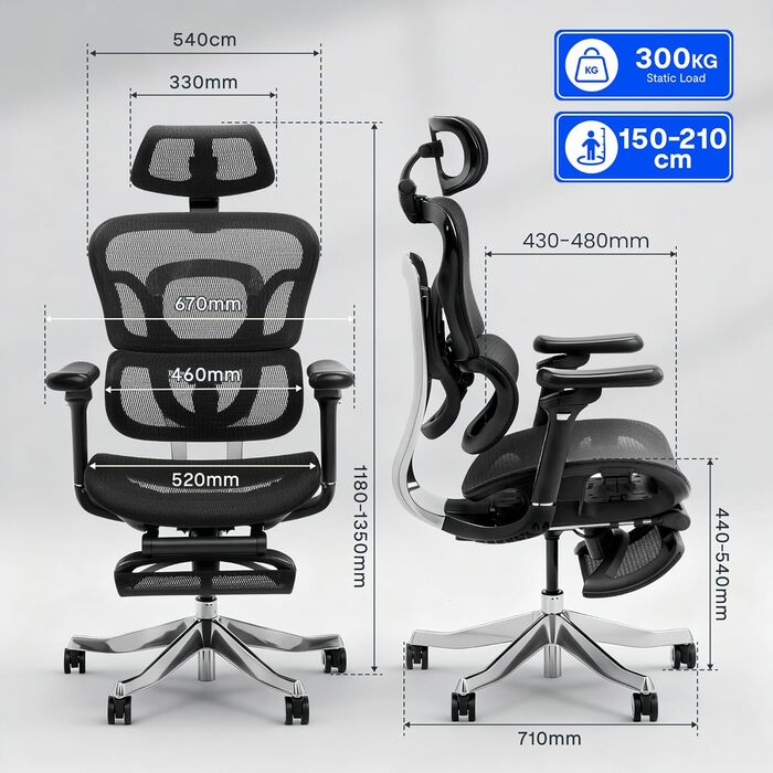 Офісний стіл FLEXISPOT ErgoX з регульованою спинкою, підлокітниками та підголівником. Максимальне навантаження: 130 кг. Чорний колір.