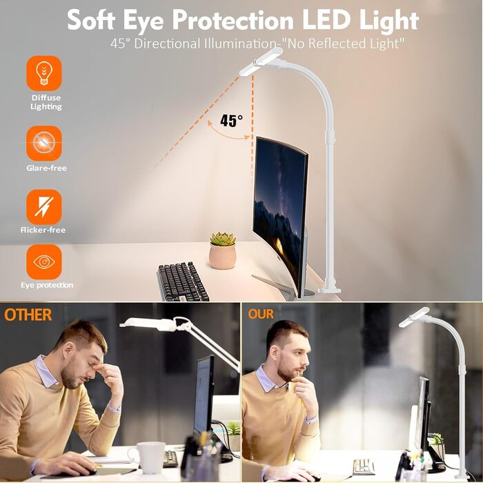 LED настільна лампа LOTTBUTY з регулюванням яскравості, 24W, 80см, для офісу та дому, з гнушим шийкою (біла)