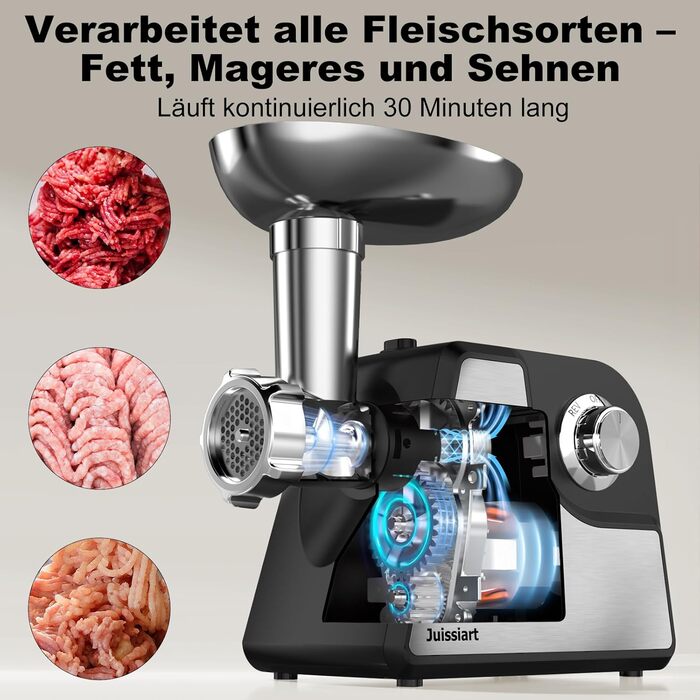 Електрична м'ясоподрібнювач Fleischwolf Juissiart: подрібнювач, фарш, ковбасний насадка, нержавіюча сталь, 3 диски, для кеббе, універсальний
