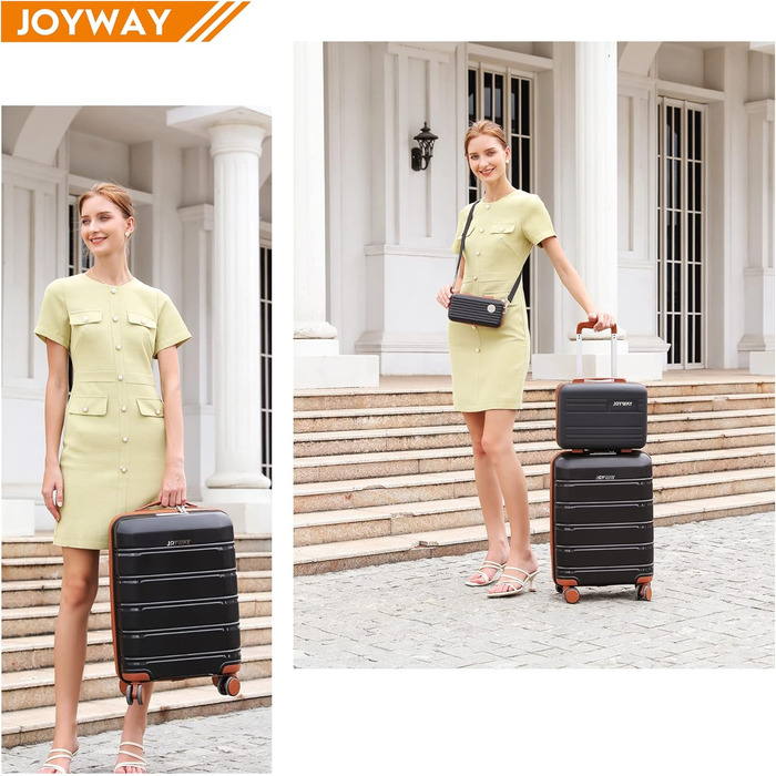 Набір валіз Joyway 3 в 1 з твердим корпусом, 4 колеса та TSA-замок. Включає косметичку та сумку-рюкзак. Колір: коричневий/білий. Підходить для ручної поклажі.