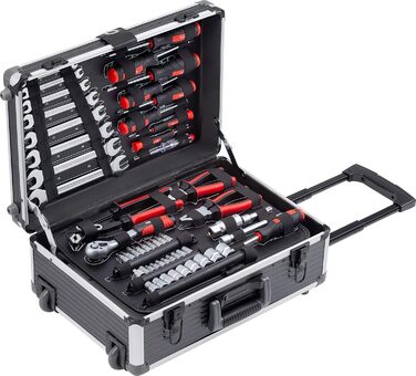 Набір інструментів Meister 156 предметів у візку на колесах з телескопічною ручкою - професійний кейс для інструментів, чорний/сріблястий, 8971440