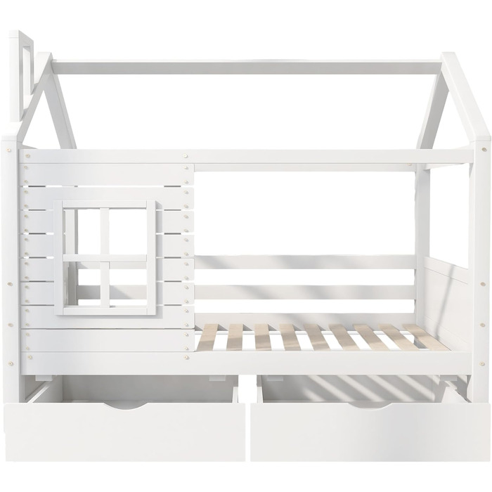 Дитяче ліжко 80x160 см з ящиками та віконцем, масивне дерево, захист від падіння, ламелі, для хлопчиків та дівчаток, ліжко-будиночок, без матраца, білий колір