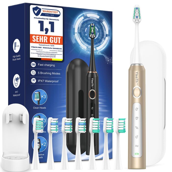 Електрична зубна щітка для дорослих і дітей - звукова, 8 насадок (3 типи), 90 днів роботи, 5 режимів, 50000VPM, кейс для подорожей, таймер (Золота)