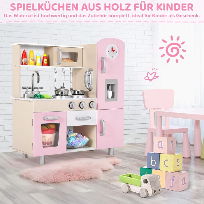 Дерев'яна дитяча кухня Mamizо з аксесуарами, 81x74x30 см, світло та звук, для дітей від 3 років, біло-рожева