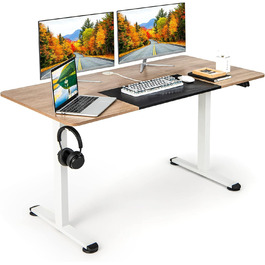Стіл GIANTEX регульований по висоті електричний з двигуном, стоячий стіл, комп'ютерний стіл з механізмом зупинки, робочий стіл, стоячий стіл, стояча робоча станція з кабельним з'єднанням і гачком, стіл для ноутбука ПК натуральний
