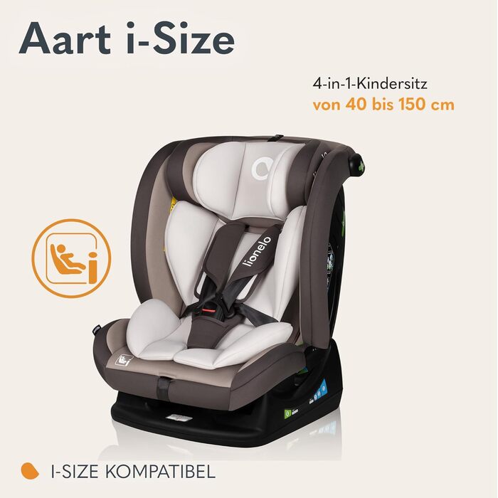 Автокрісло Lionelo AART для дітей 40-150 см, R129 (I-SIZE), бежеве, з регулюванням спинки та підголівника
