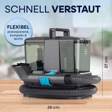 CLEANmaxx Професійний пароочисник та чистий для м'яких меблів Pro Steam | Плямистий очищувач & EASYmaxx Очисник килимів | Миючий пилосос та очищувач для диванів, авто, килимів, м'яких меблів тощо | Очищувач плям (Чорний з шампунем, Компакт 330W)