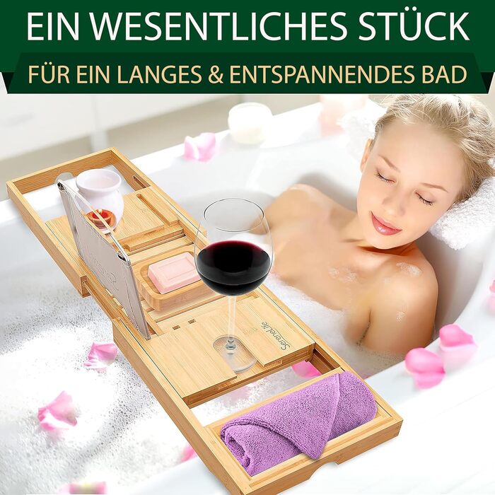 Поличка для ванни SereneLife з бамбука – висувна з подарунковою коробкою, антиковзаюча, для книг, вина, снеків та догляду за собою