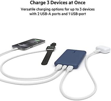 МАг, 1 порт USB-C та 2 USB-A, 15 Вт, для iPhone/Android, синій, 10 000