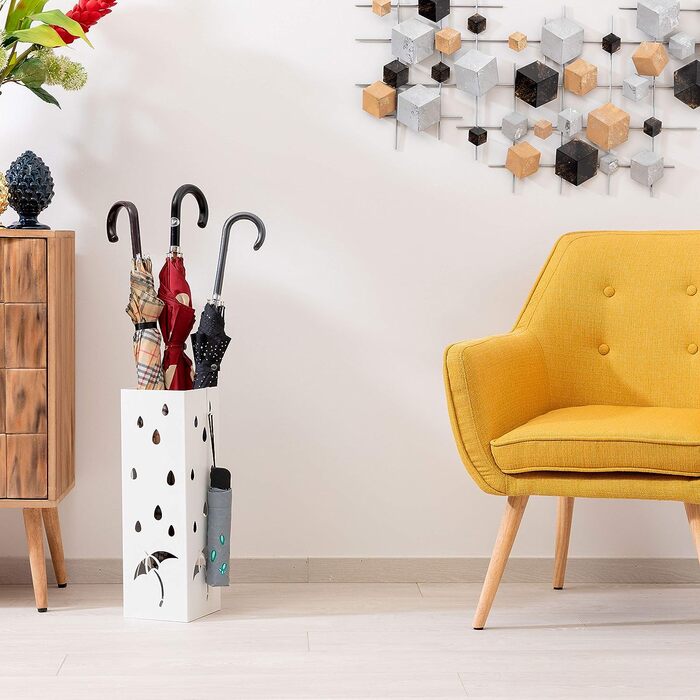 Підставка для парасольки Baroni Home з металу, біла, з декоративним різьбленням, з гачками та знімним піддоном для води - для дому та офісу, 15,5x15x49 см