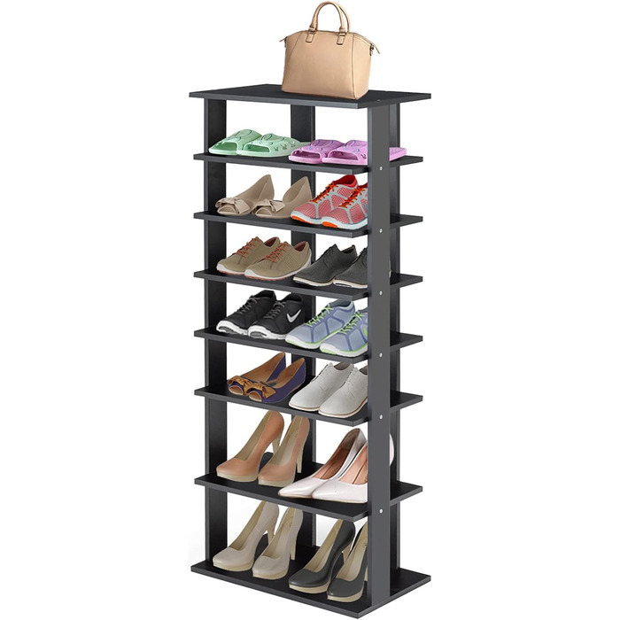 Рівнева полиця для взуття COSTWAY регульована по висоті, компактна дерев'яна полиця для взуття, вертикальний органайзер для взуття, окремо стояча кутова полиця для входу, передпокій (чорний, подвійний) подвійний чорний, 8-