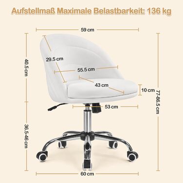 Крісло Yaheetech для дому та офісу: крісло для туалетного столика, обертове, з регулюванням висоти, на роликах, біле, до 136 кг