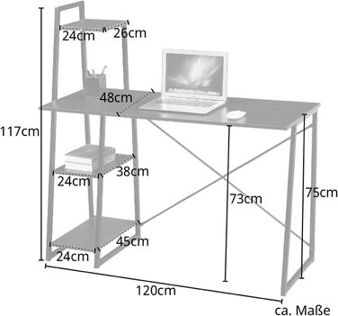 СВІТА Комбо1 Полиця Стіл Дуб Вигляд Білий Металеві ніжки Комп'ютерний стіл Офісний стіл Робочий стіл Стіл для ПК (темно-коричневий)