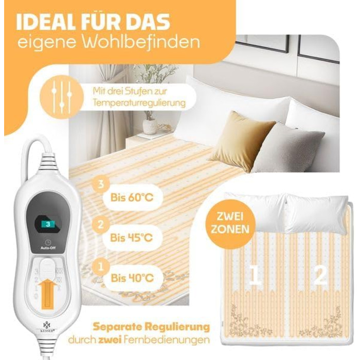 Електрична ковдра KESSER® з двома зонами нагріву та автовимкнення | Ковдра з 3 температурними режимами | Підстилка під ковдру | Тепла ковдра з м'якого флісу, біла (160 x 140 см)