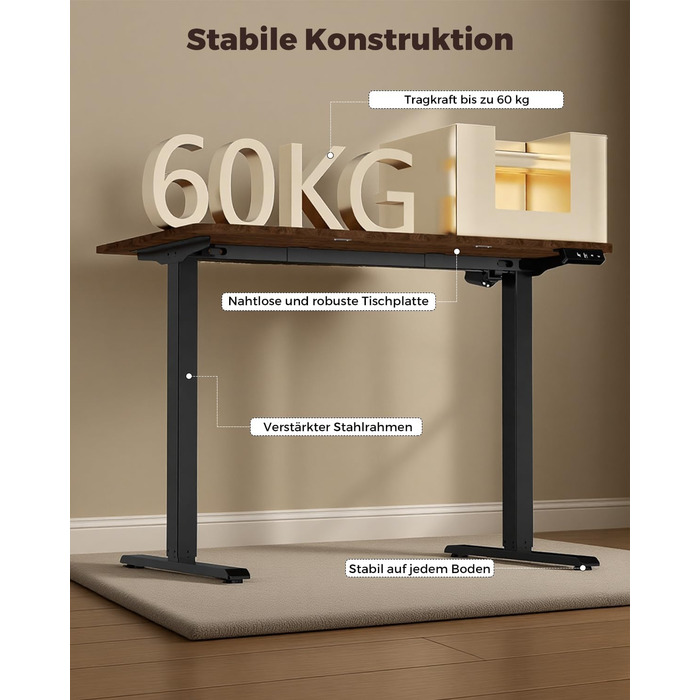 Регульований по висоті письмовий стіл 120x60 см з пам'яттю на 2 режими, стіл для домашнього офісу та геймінгу, колір вінтажний коричневий
