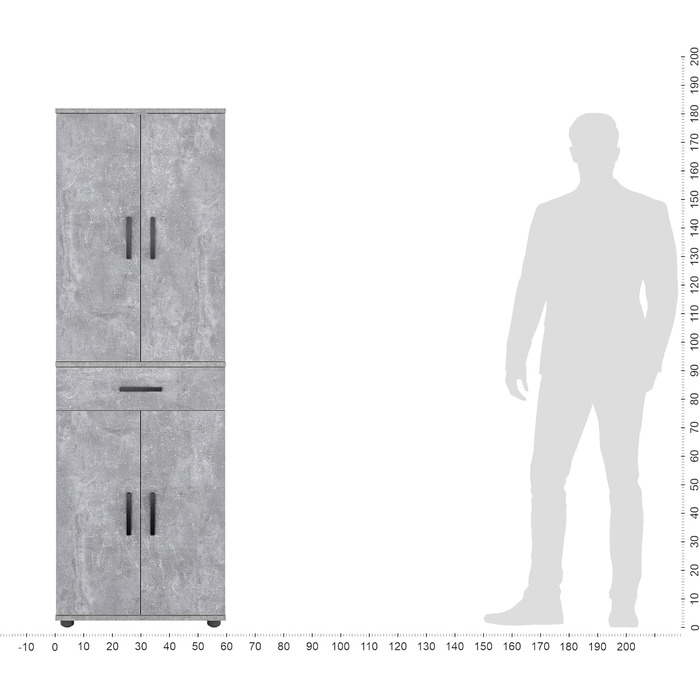 Багатофункціональна шафа шириною 60 см, 1 ящик, 4 дверцята, поштовий 180 см, бетон, 180x34x60 см