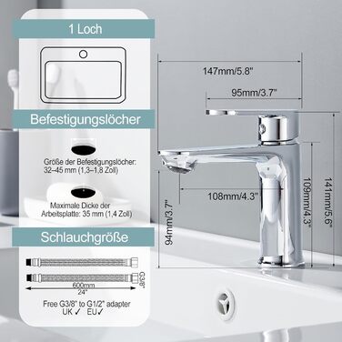 Набір змішувачів для ванної кімнати Belz, латунь, змішувач для раковини з однією отвором, гаряча та холодна вода, сірий (хром)