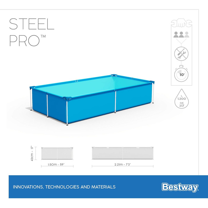 Каркасний басейн Bestway Steel Pro без насоса, квадратний, 221 x 150 x 43 см 221 x 150 x 43 см одномісний