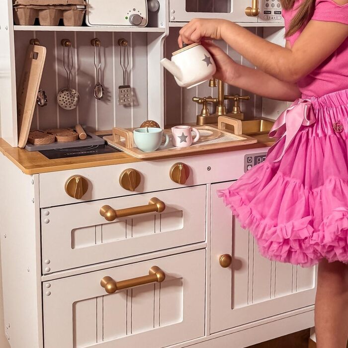 Дерев'яна дитяча кухня Mamabrum з LED-підсвічуванням - іграшковий кухонний набір з висотою, що регулюється, з приготуванням кубиків льоду, мікрохвильовою піччю, плитою та посудомийною машиною - іграшка для дітей від 3 років (Білий)